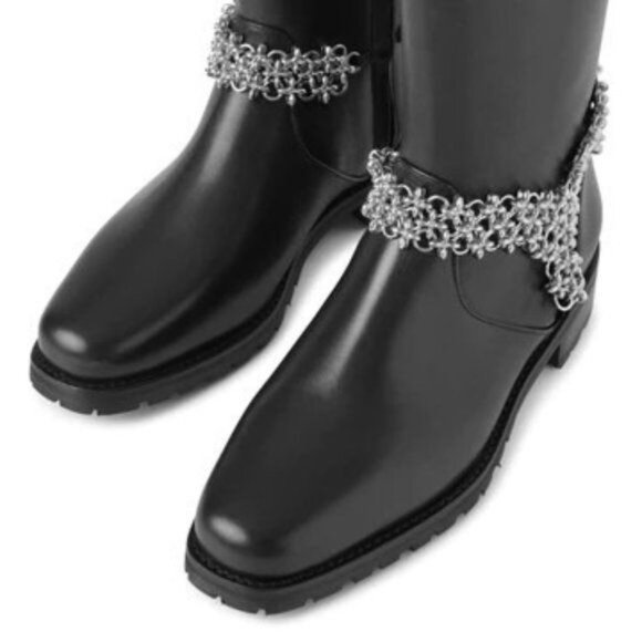 Manolo Blahnik Black Leather Ankle Boots With Silver Chain 7.5 - Picture 5 of 16